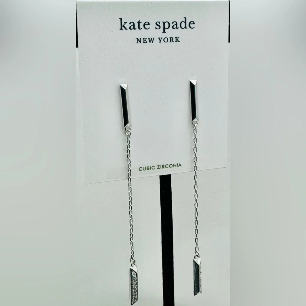 KATE SPADE Raise The Bar Pave’ Linear Drop Silver Tone Earrings NWT